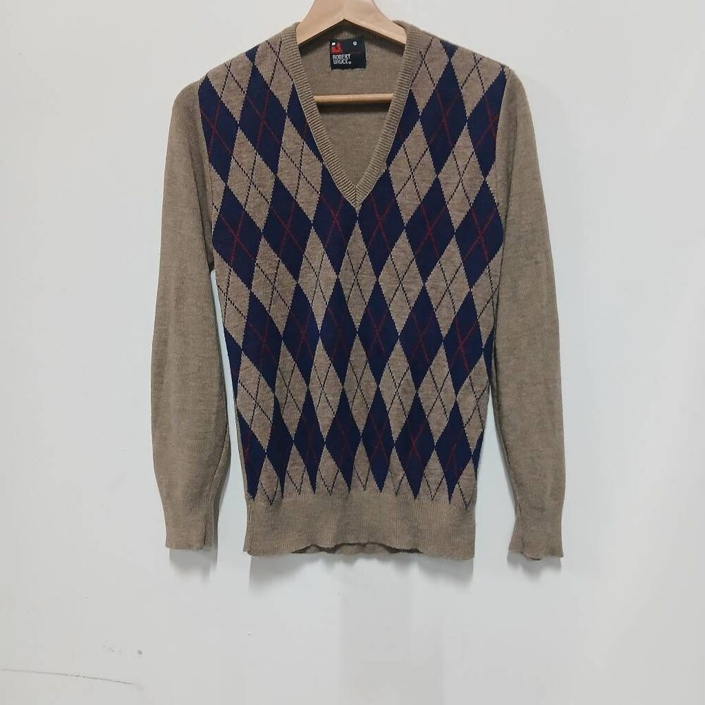 Vintage Robert Bruce mens small soft wool sweater argyle tan blue preppy